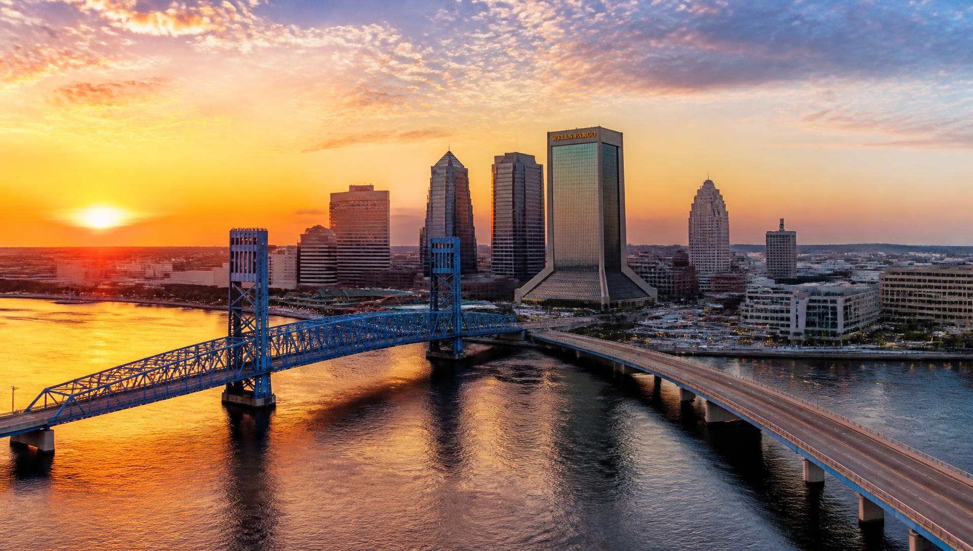 Jacksonville, Florida skyline over the St. Johns River at sunset